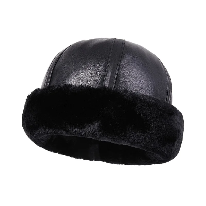 Men Women Real Sheep Leather Cap Hat 2022 Winter New Leather Skullies & Beanies With Warm Faux Fur Inside