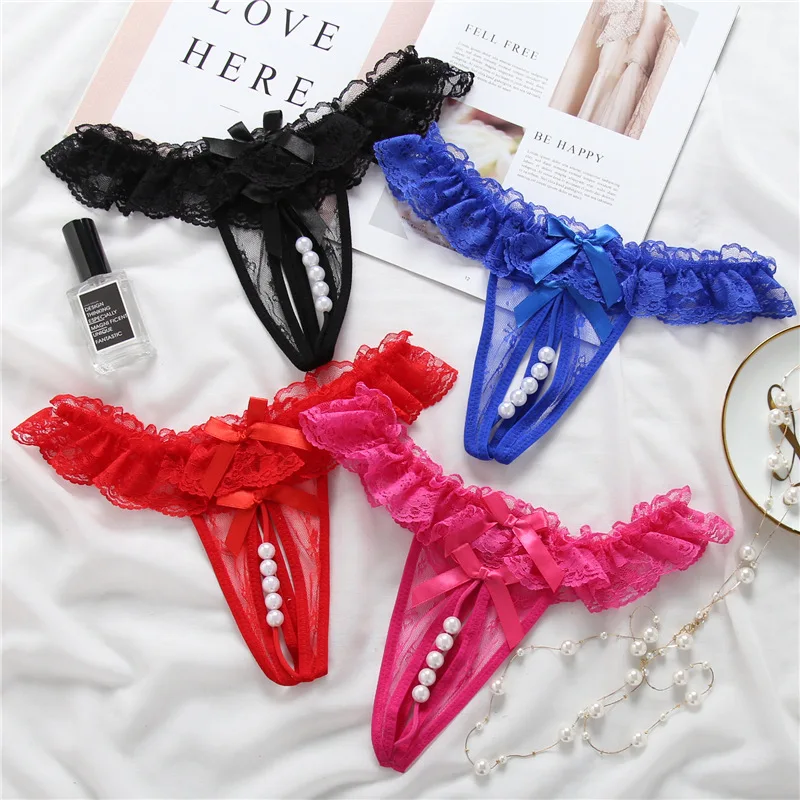 Plus Size Lace Panties Women Sexy Transparent Underwear Pearl Massage Culotte Femme Open Crotch Thongs For Sex Products