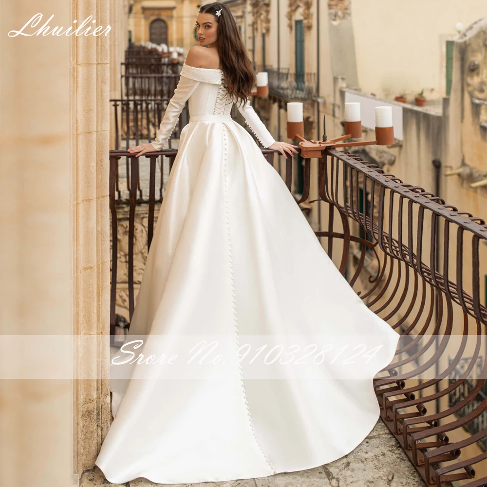 Lhuilier Customized 2 in 1 Mermaid Boat Neck Satin Wedding Dresses Beaded Long Sleeves Bridal Dress with Detachable Train