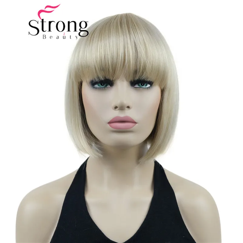 StrongBeauty Bob Krótka prosta W Grzywka Platynowa blond Pełna peruka syntetyczna Kawałek włosów