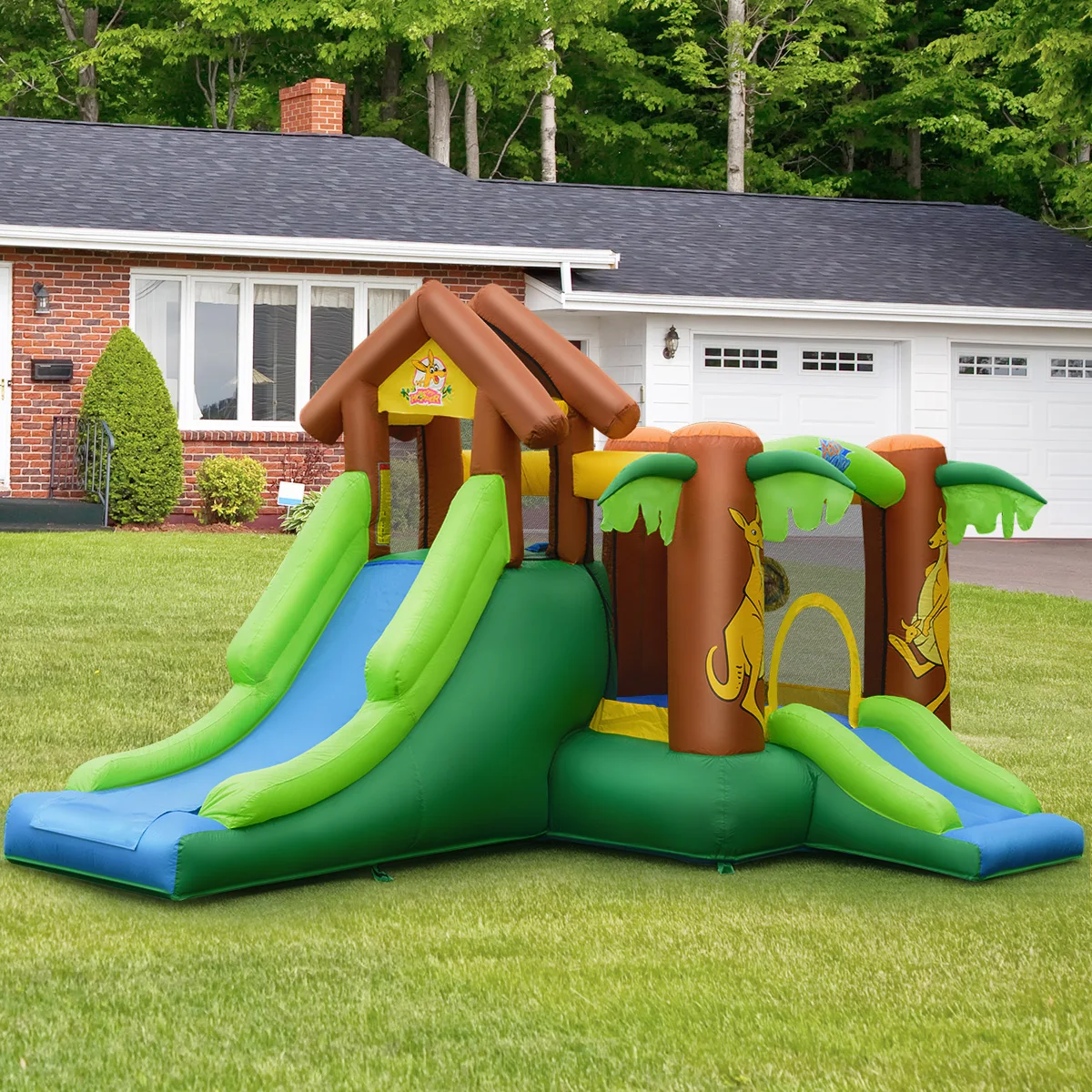 Inflatable Jungle Bounce House Kids Dual Slide Jumping Castle Bouncer w/ Bag