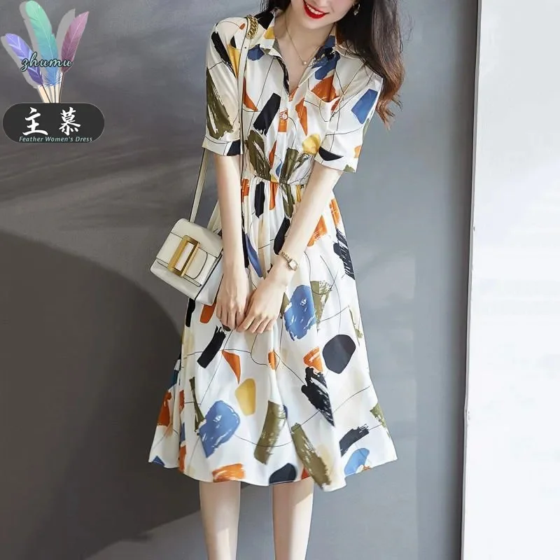 

Size 2022 New Summer Femme Dress Elegant Refreshing Atmosphere Graffiti Half-Open Placket Slimm Print Dress Female Trend