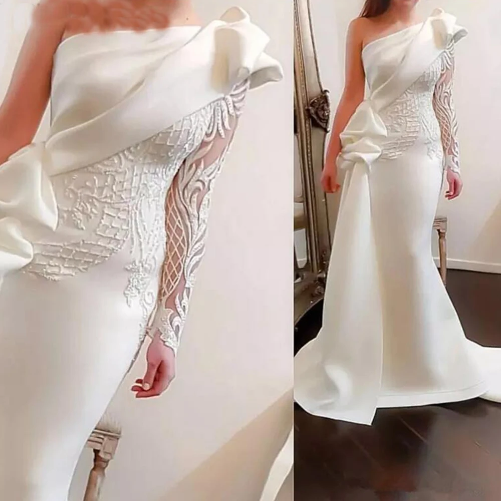 Elegante vestido de noche de sirena de un hombro, Blanco elegante, manga larga, vestido de noche de satén, volantes fruncidos, aplique para fiesta de graduación/Fiesta, 2021