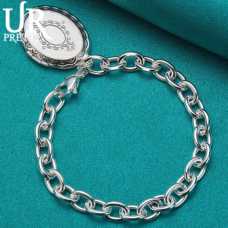 

URPRETTY 925 Sterling Silver Oval Photo Frame Chain Bracelet For Man Women Wedding Engagement Party Charm Jewelry