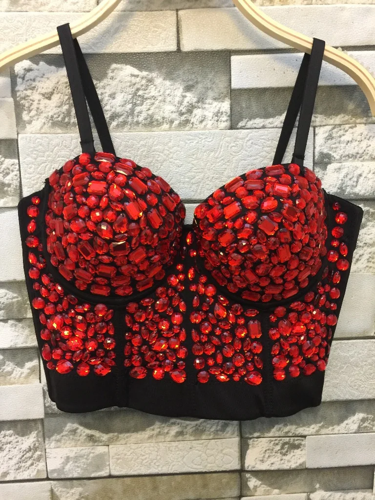 Unique red Rhinestone Gaga Bustier Pearls Diamond Push Up Night Club Bralette Women\'s Bra Top Vest fashion w1172