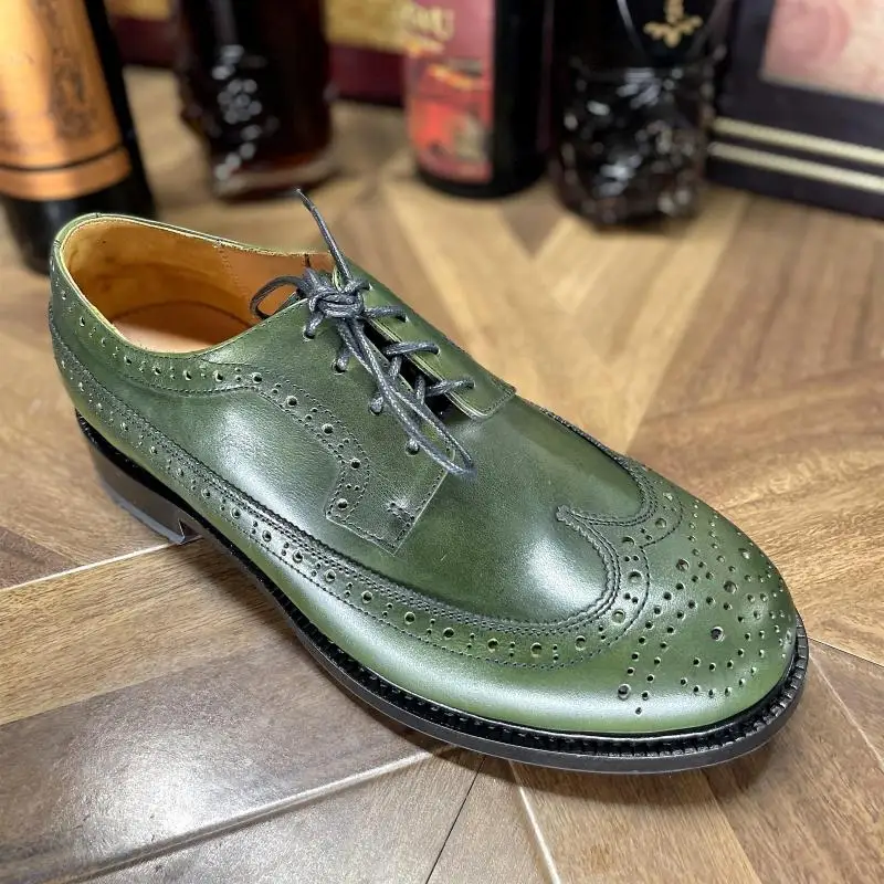 Sipriks Men\'s Goodyear Welted Shoes Calf Leather Brogue Shoes Dark Green Wingtip Dress Shoes British Handmade Gent Suit Shoes 45