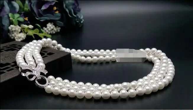 3row 7-8MM Round White Sea pearl necklace short Girls Gifts Beads Silver collarbone chain Wholesale price