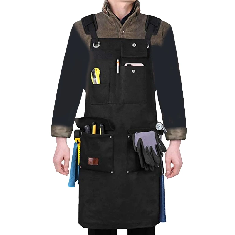 Women Men Professional Canvas Adjustable Work Apron with Tools Utility Pockets Cross-Back Straps for Chef Kitchen Cooking BBQ