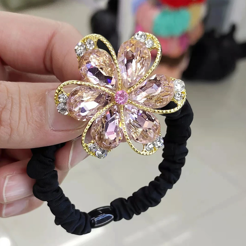 New Fashion High Elastic Rubber Band With Shiny Crystals For Women Headwear Colorful Flower To Fix Hair Trend Hair Elastic Band