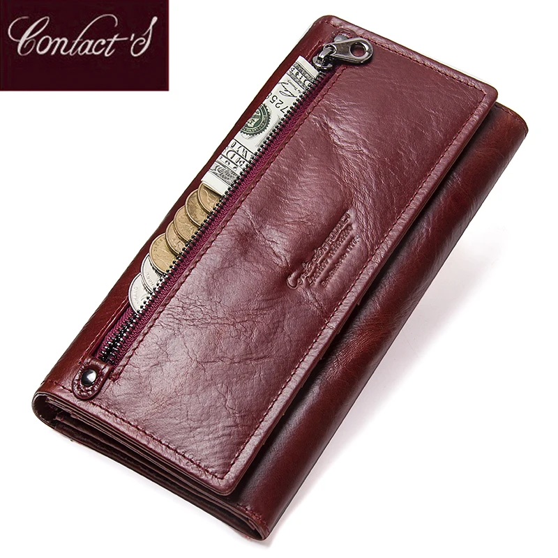 

Contact's Genuine Leather Women Long Purse Female Clutches Money Wallets Brand Design Handbag for Cell Phone Card Holder Wallet