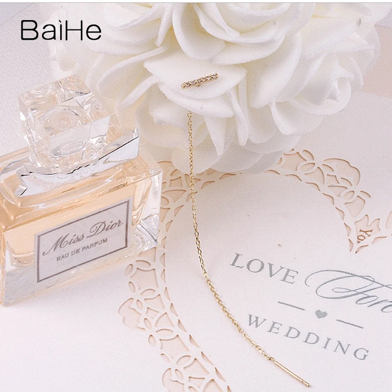 BAIHE Solid 18K White/Yellow/Rose Gold H/SI Natural Diamond Wedding Trendy Fine Jewelry Making Earrings Women Ear Line Earrings