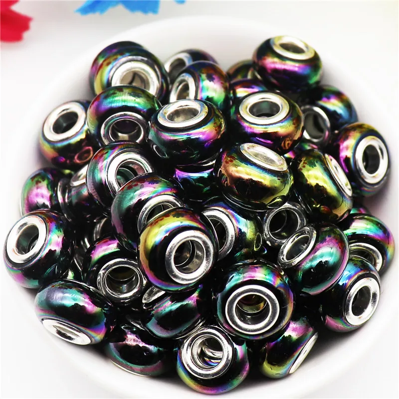 10Pcs/Lot AB Solid Color Large Hole Round Core Spacer European Beads Fit Pandora Bracelet Bangle for Women DIY Jewelry Making