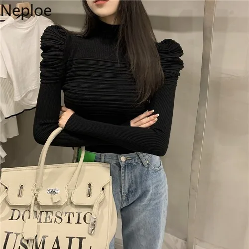 Neploe Fashion Pleated Sweaters for Women Elegant Puff Sleeve White Slim Tops Korean Turtleneck Sweater Jumper Fall Clothes