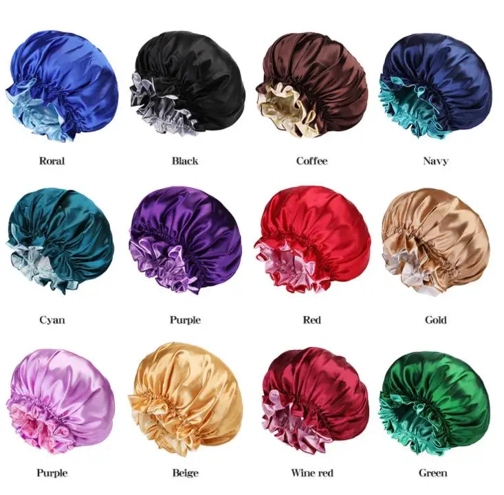 

Silk Night Cap Bath Hat Double side wear Women Head Cover Sleep Cap Satin Bonnet for Beautiful Hair SN3884