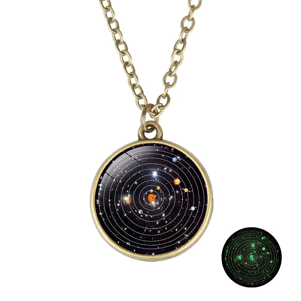 Luminous Solar System Necklace Nebula Galaxy Planet Universe Double Sided Glass Ball Necklaces