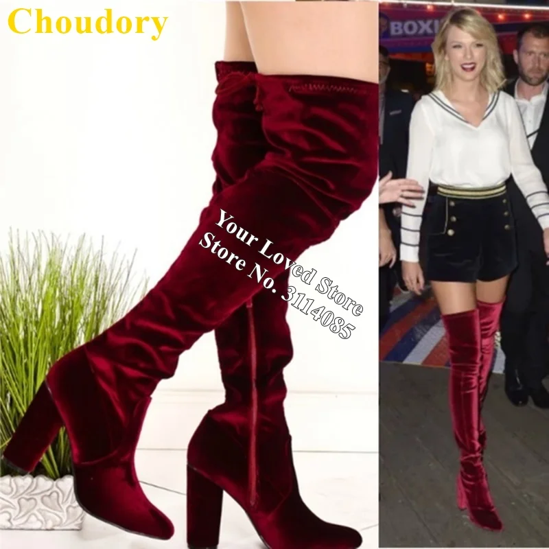 Choudory Wine Red Crushed Velvet Over The Knee Boots Chunky Heels Thigh High Boots Luxury Women High Boots Dress Shoes Dropship