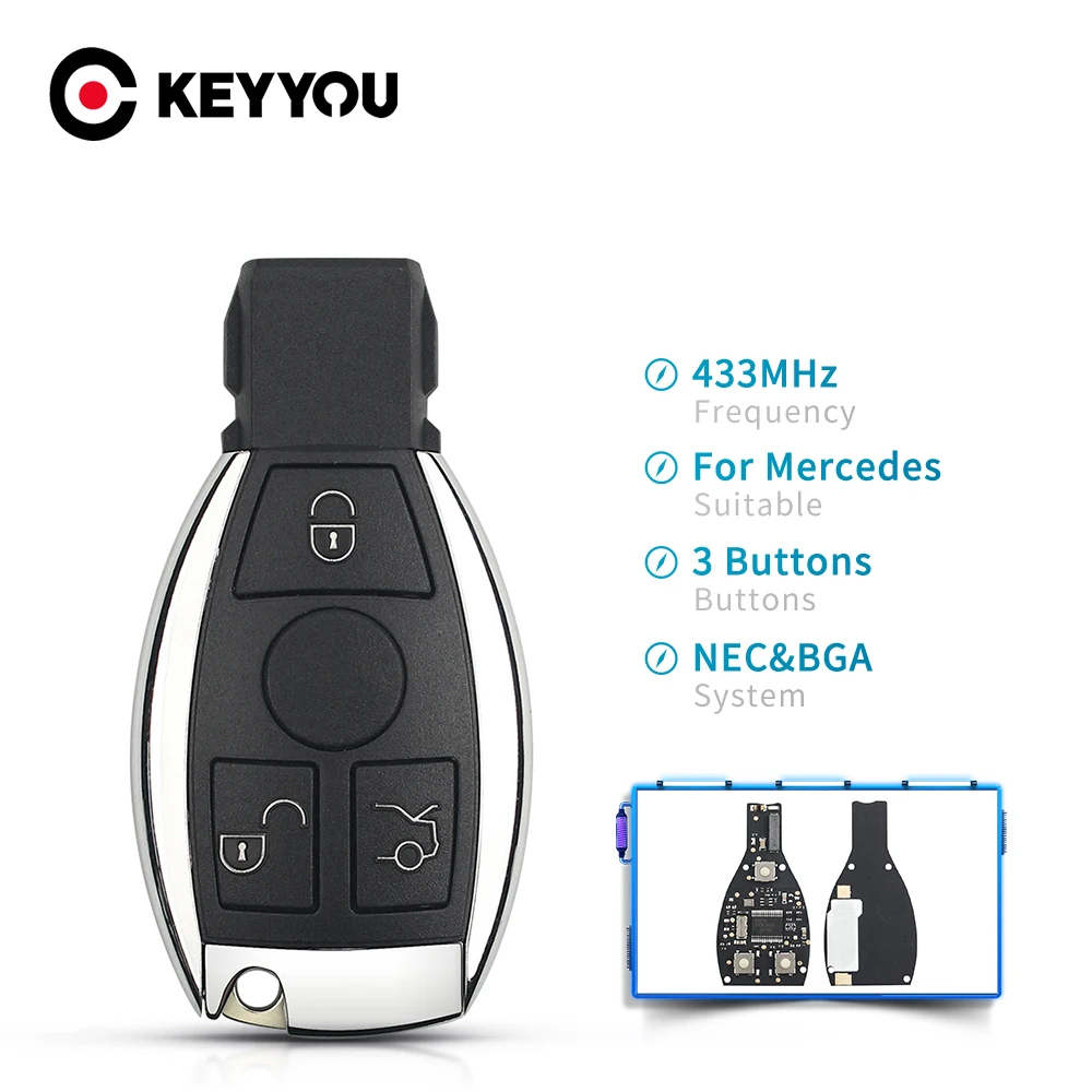 

KEYYOU Car Smart Remote Key Blank For Mercedes Benz Year 2000+ Supports Original NEC and BGA 433MHz Fob 3 Buttons Uncut Blade