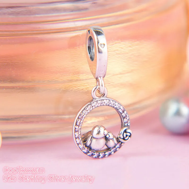 

925 Sterling Silver Mother & Baby Bird Dangle Charm, Soft Pink & Lilac Crystals & Clear CZ Fit Original Pandora Charms Bracelet