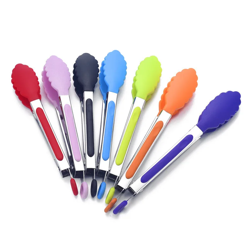 100Pcs Food Grade Nylon BBQ Tongs Stainless steel Handle Kitchen Fruits Meat Tongs Lock Design Barbecue Clip Clamp Kitchen Tools