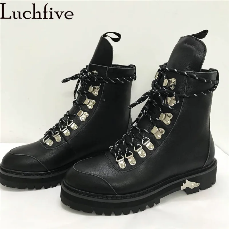 Winter Motorcycle Boots Woman Black Beige Genuine Leather Thick Bottom Wool Ankle Boots Fashion Designer Lace up Martin Boots