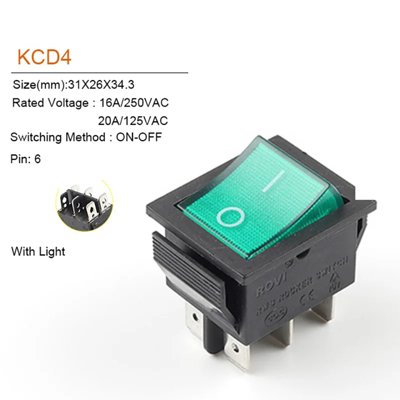 5Pcs 31X26mm Power Rocker Switch KCD4 6Pin 2/3 Position Boat Button Switch With Light 16A 250VAC 20A 125VAC Electrical On-Off