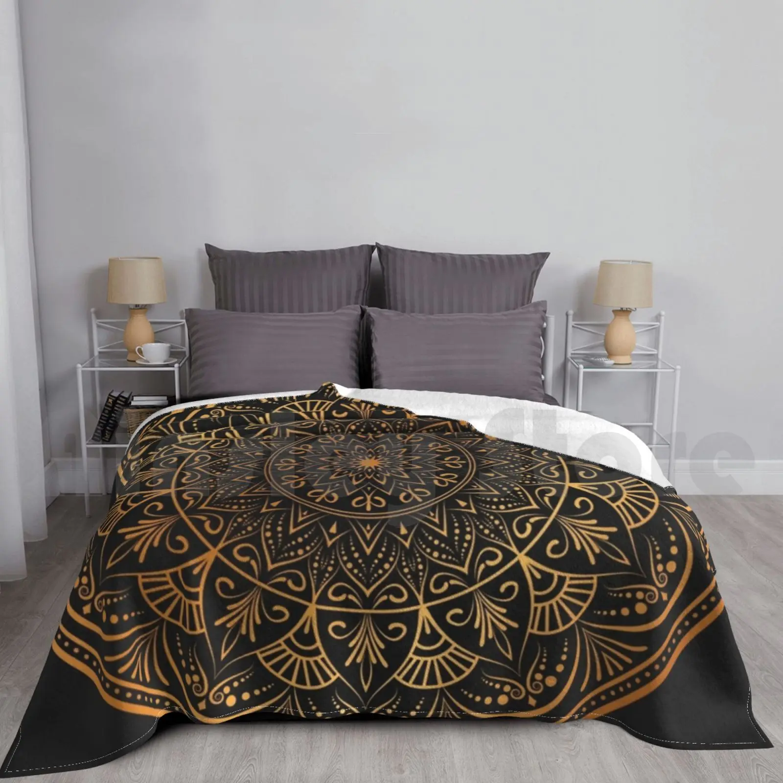 

Mandala Blanket Super Soft Warm Light Thin Luxury Geometric Black Gold Etnic Round Brown Mandala King