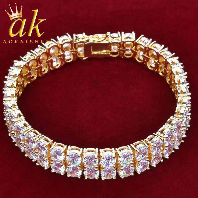 Aokaishen Tennis Bracelet 2 Rows Real Gold Plated Hip Hop Fashion Jewelry Charms 2022 Trend