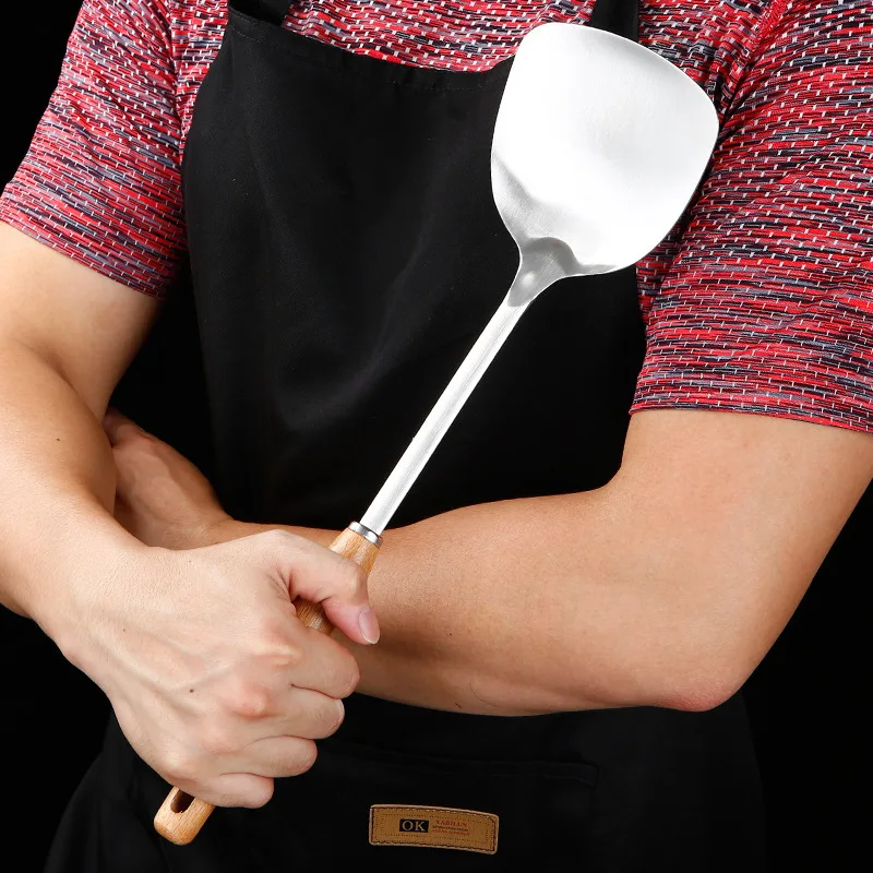 Jaswehome 3 Pieces Wooden Handle Wok Spatula Ladle Tools Set Stainless Steel Kitchen Cooking Utensils with Skimmer Slotted Spoon