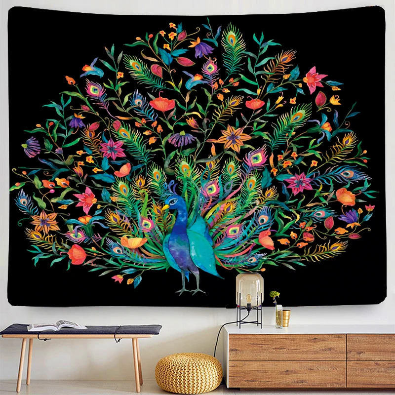 Colorful Psychedelic Peacock Open Screen Tapestry Animal Hippie Wall Hanging 3D Printing Animal Dormitory Background Cloth Mattr