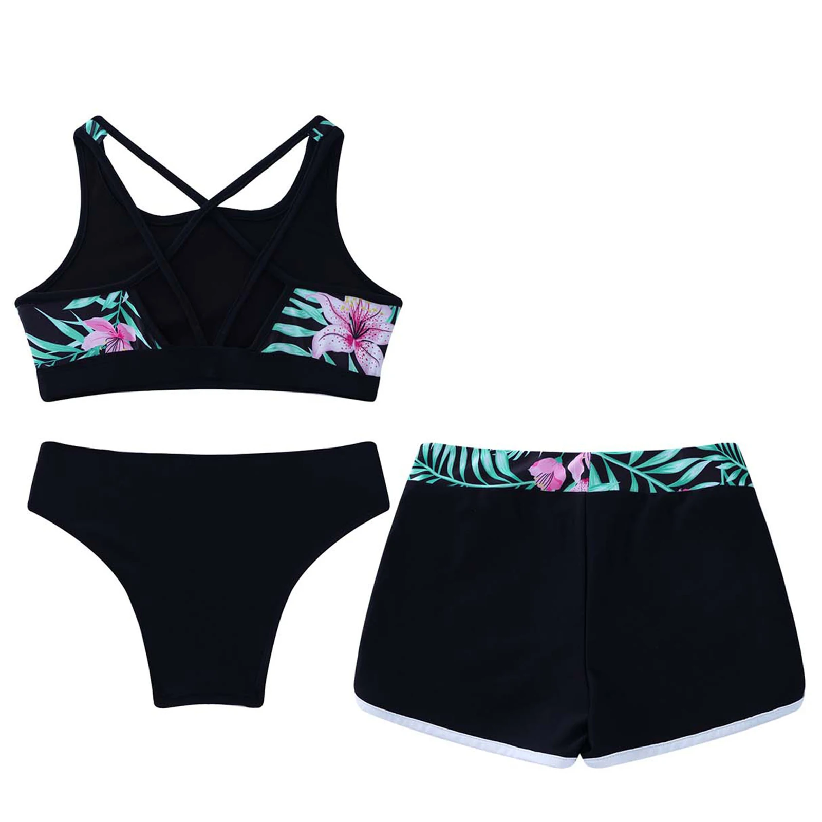 TiaoBug Kids Girls Swimsuit 3Pcs Swimwear Print Crop Tops with Shorts Briefs Bikini Set Beach Pool Water Park Surf Bathing Suits