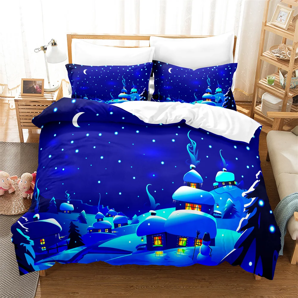 3PCS Small House In The Snow Bedding Sets Home Bedclothes Super King Cover Pillowcase Comforter Textiles Bedding Set