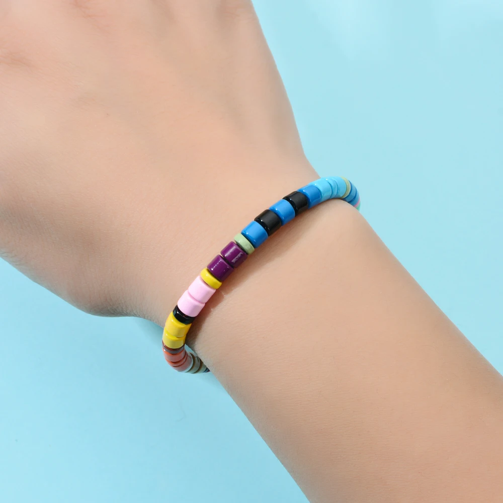 2025 New Boho Spring Rainbow Bracelets Colorful Enamel Beaded Bracelet Elastic String Tile Bracelet Cuff Bangles for Women Gift