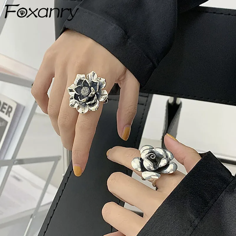 Foxanry Silver Color Engagement Rings New Fashion Creative Exaggeration Flower Vintage Punk Party Jewelry Gifts for Women