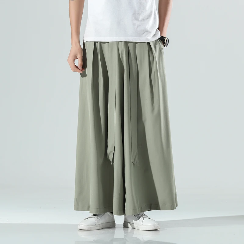 Cozy Black Ice Silk Hakama Kung Fu Pants A Wide Bottom Wushu Kimono Chinese Mens Cotton Wide Pants For Mens East Style Grey