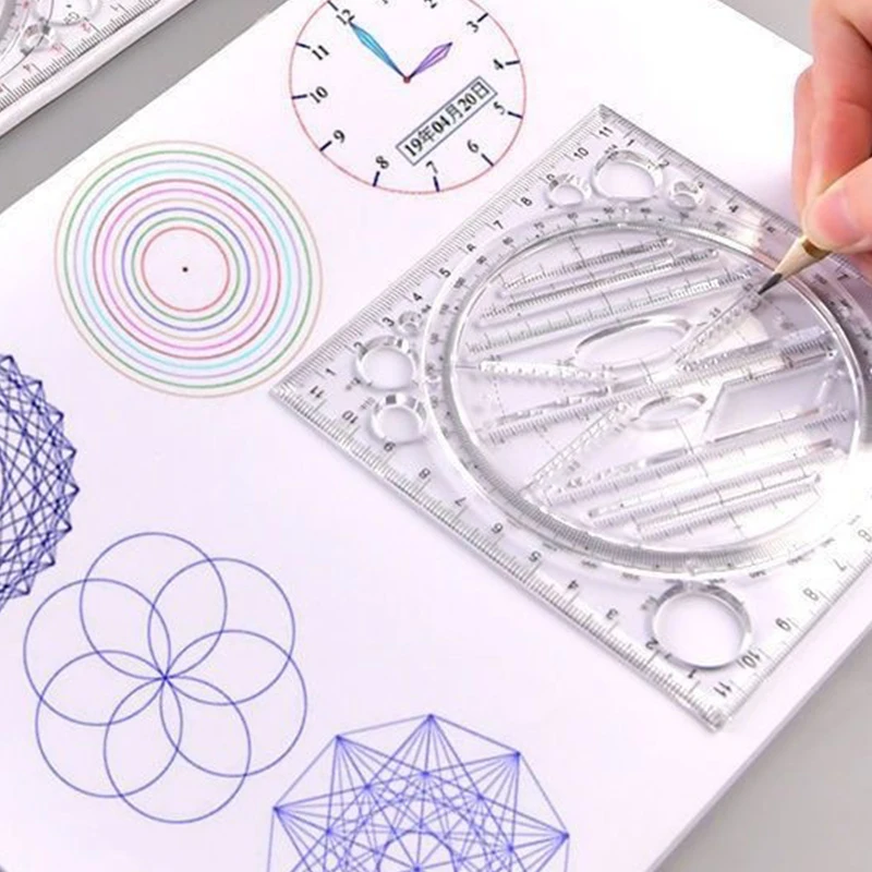 Multifunction Rotatable Drawing Template Art Design Construction Architect Stereo Geometry Circle Drafting Measuring Scale Ruler