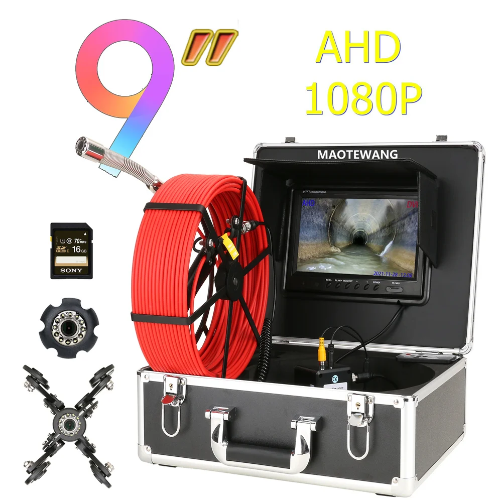 

DVR 9" Monitor Sewer Pipe Inspection Video Camera ,IP68 AHD 1080P Drain Sewer Pipeline Industrial Endoscope System