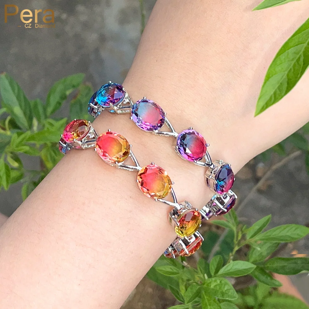 Pera Splendid Rainbow CZ Crystal Silver Color Oval Shape Link Chain Bracelets with Extension for Ladies Party Jewelry Gift B212