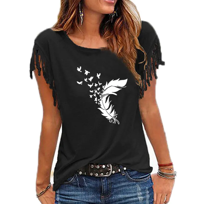 2022 Summer Clothing Women Fashion Feather Printed TShirt Women O Neck Short Sleeve Tees Cotton Woman Tshirts