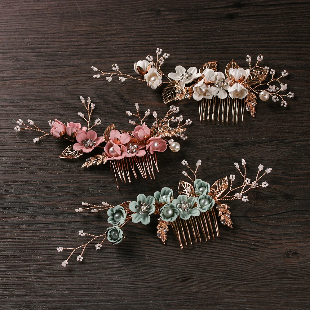 Bridal Wedding Hair Accessories Gold Leaves Hair Jewelry Hair Pins Fashion Luxury  Blue Flower Hair Combs Headdress Prom