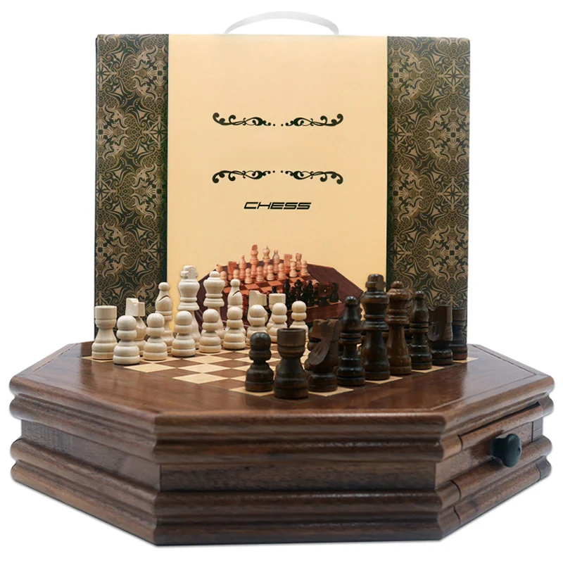 

High Quality Internaternational Chess Set Handwork Solid Wood Table Walnut Drawer Style Storage Pieces Professional Chess Board