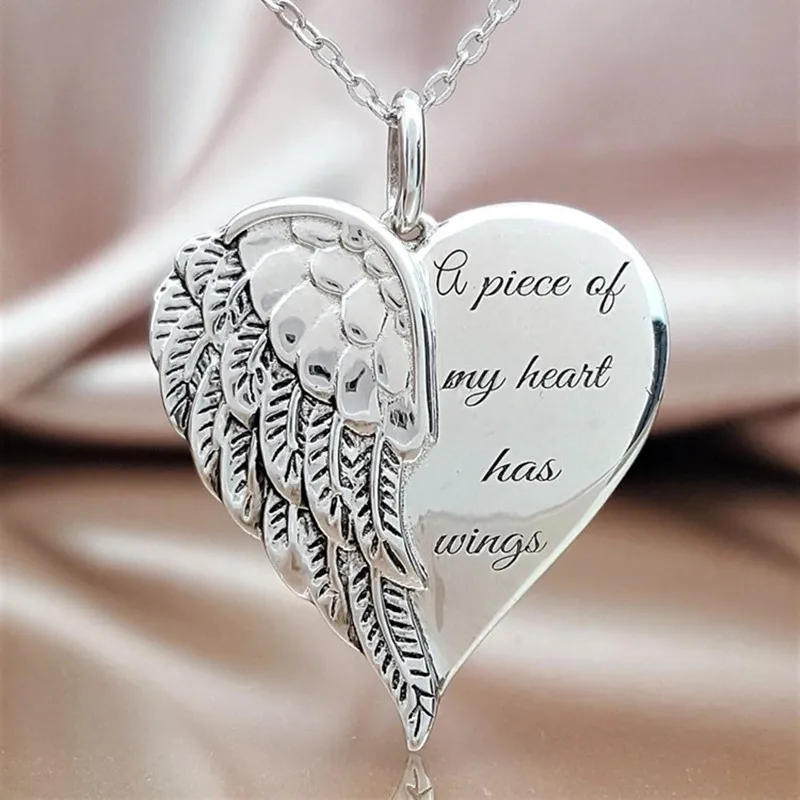 Hot Sale Women Necklace Letter A Piece Of My Heart Has Wings Gold Silver Alloy Love Heart Wings Pendant Feather Angel Necklaces