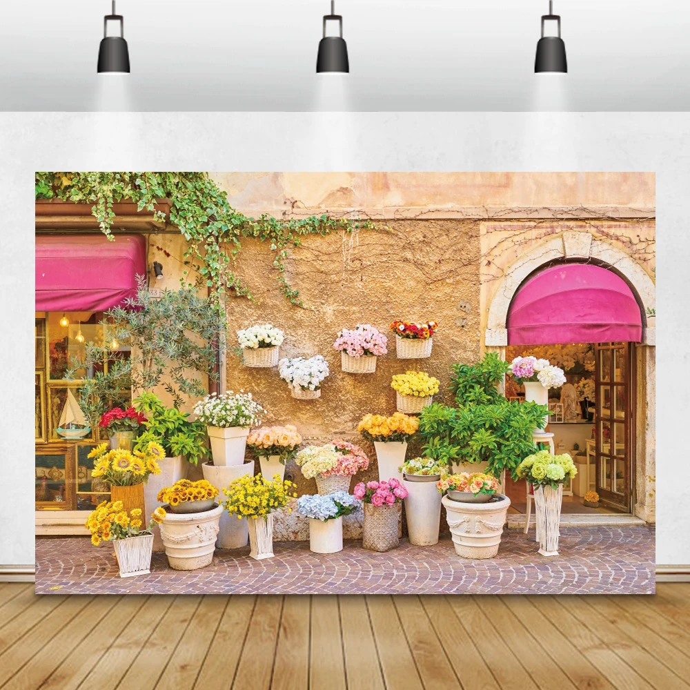 Laeacco Rural Village Town Street Buildings Flowers Shop Grass Baby Portrait Photo Backdrop Photography Background Photo Studio