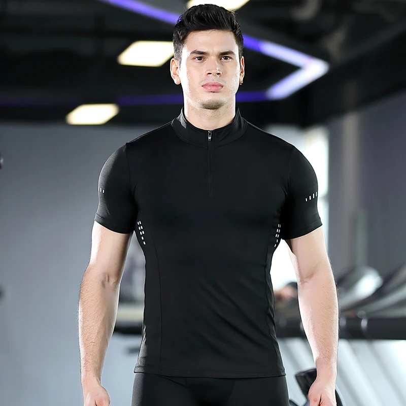 

New Quick-dry Exercise T-shirt Men's High-collar Zip-up Short-sleeved Fitness Suit High-stretch Quick-dry PRO Running Jacket