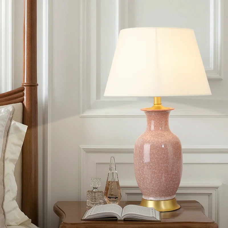 OURFENG Luxury Table Lamps Pink Ceramic Copper Bedside Desk LED Lamp Decorative For Home Study Foyer Office Bed Room