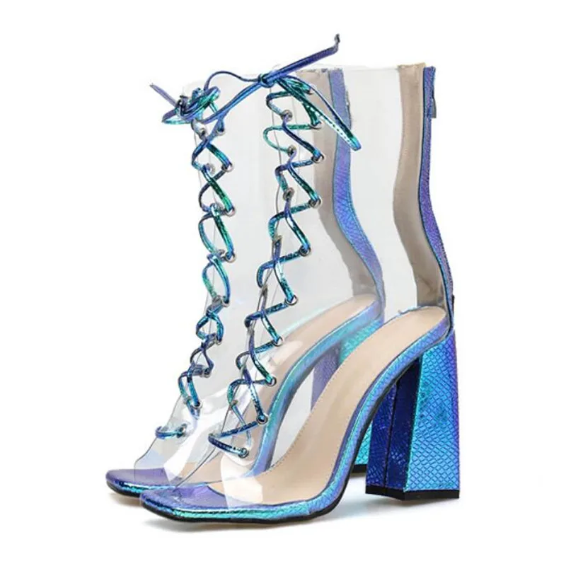 Clear Chunky heels Women Ankle boots Summer Sandals Sexy PVC Transparent Gladiator Sandals Cross Strappy Peep Toe Shoes