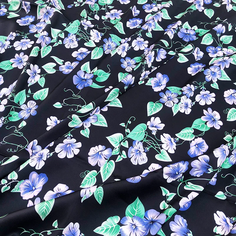 100% Polyester Black Purple Flower Stretch Satin Printed Fabric Brand Shirt Cloth Fabrics Per Meter for Dress Sewing Material