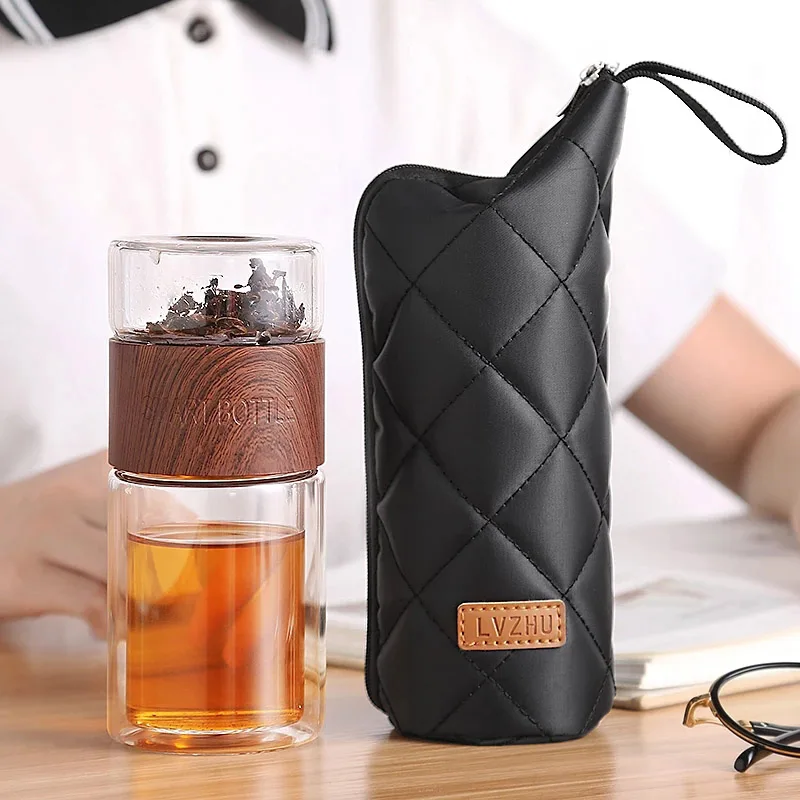 BOZZH Glass Tea Bottle  Portable Double Wall Kung Fu Tea With Case Tea Drink Bottle Infuser Tumbler Drinkware Creative Gift