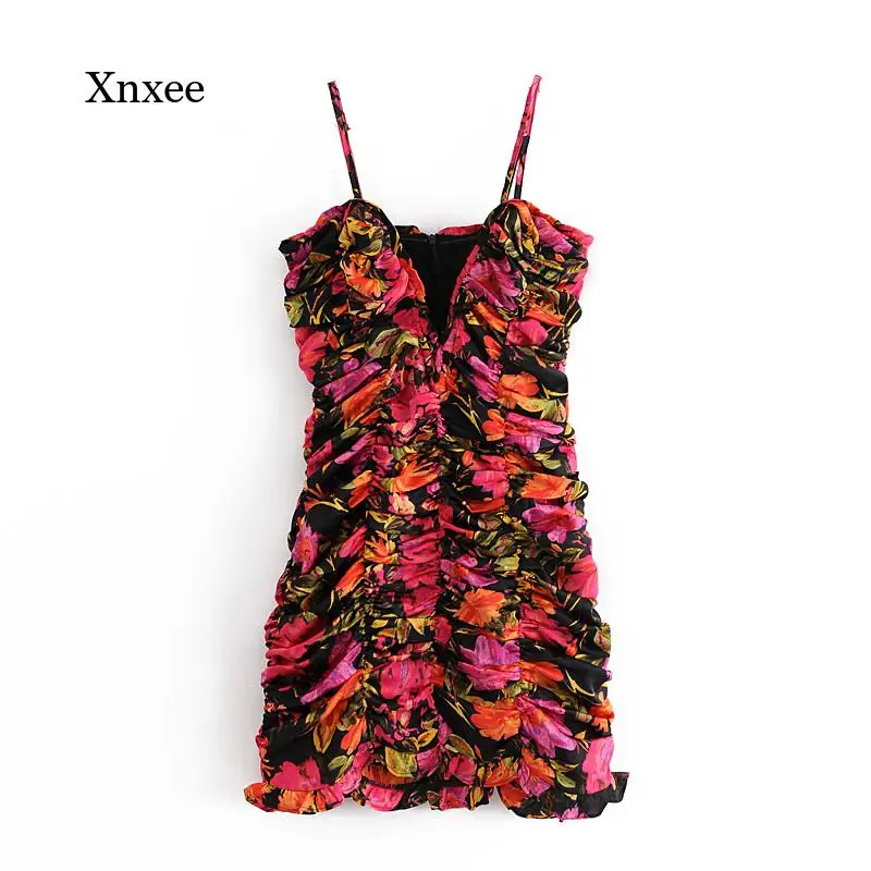 Spaghetti Strap Dress V Neck Fashion Women Flower Print Sexy Femme Bodycon Draped Bodycon Mini Party Dress Romantic Vestido