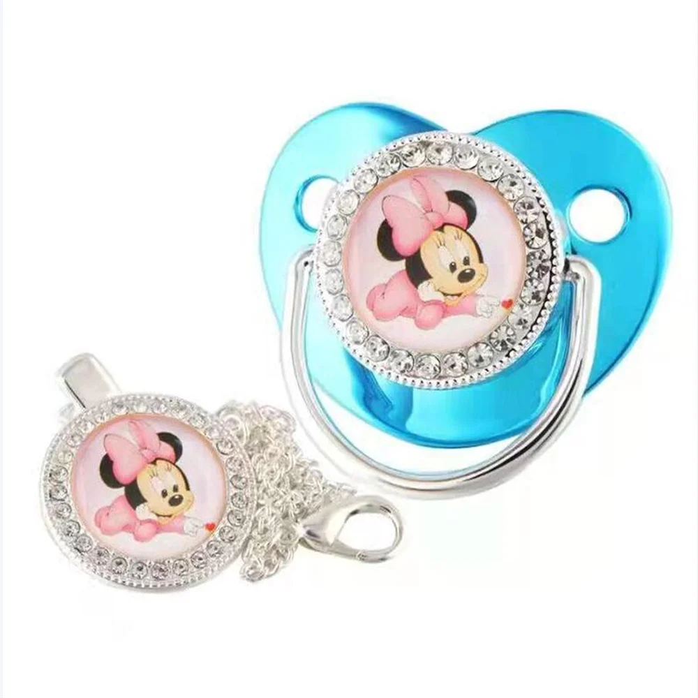 Little Minnie Mouse Print Baby Pacifier and Pacifier Chain Clips Silicone BPA Free Infant Orthodontic Nipple Gold Dummy Soother