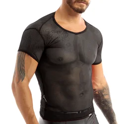 Mens Transparent Sexy Mesh T Shirt See Through Fishnet Short Sleeve Muscle Undershirts Nightclub Party Top Breathable Sportswear